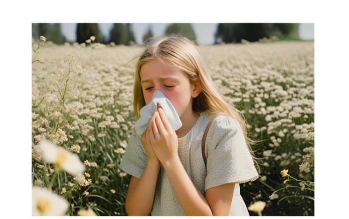 Immagine di bambina in un campo fiorito che soffre di allergie