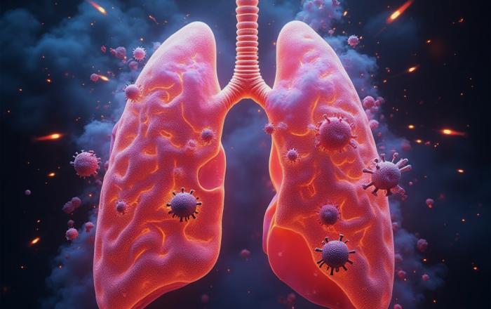 Immagine realizzata con AI che mostra dei polmoni con dei virus all'interno