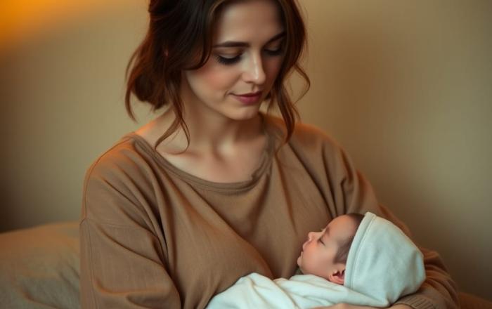 Donna con neonato in braccio